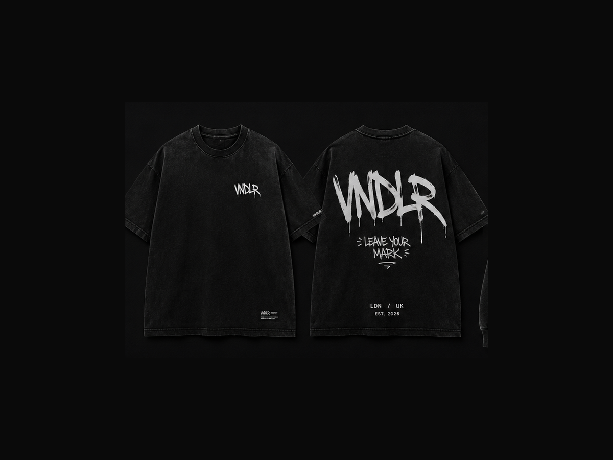 VNDLR Tagger Tee in washed black, front and back