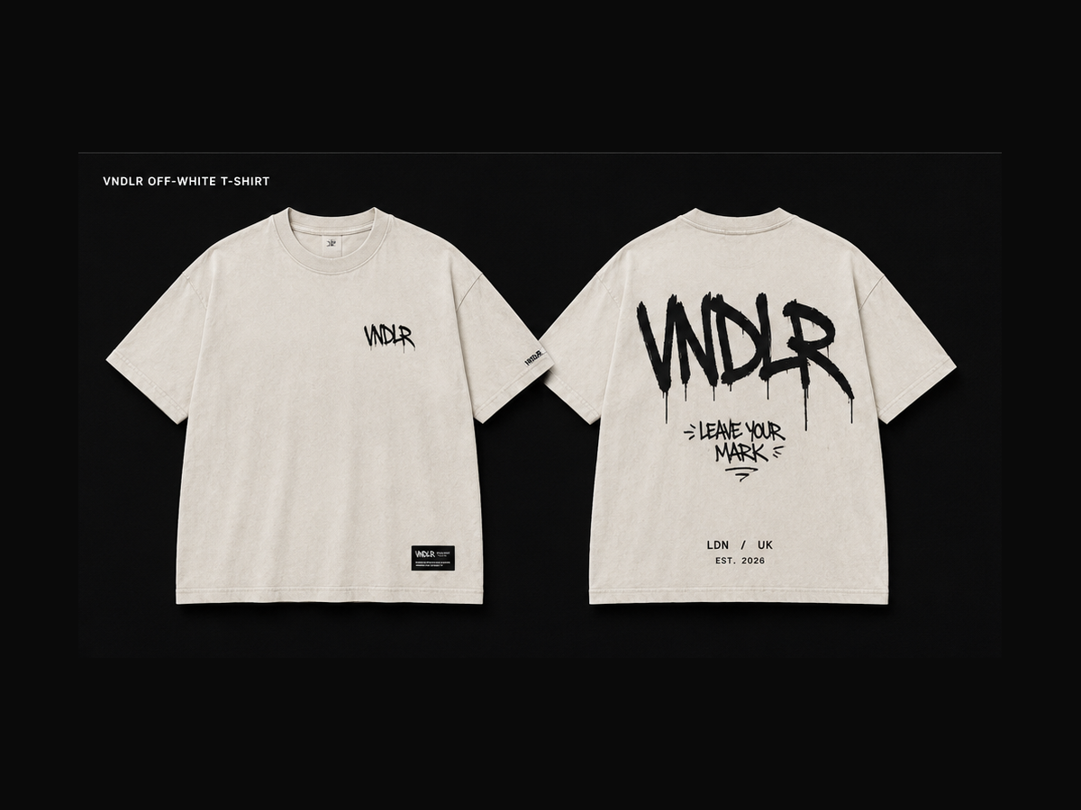 VNDLR Off-White Tee, front and back with graffiti VNDLR and Leave Your Mark artwork